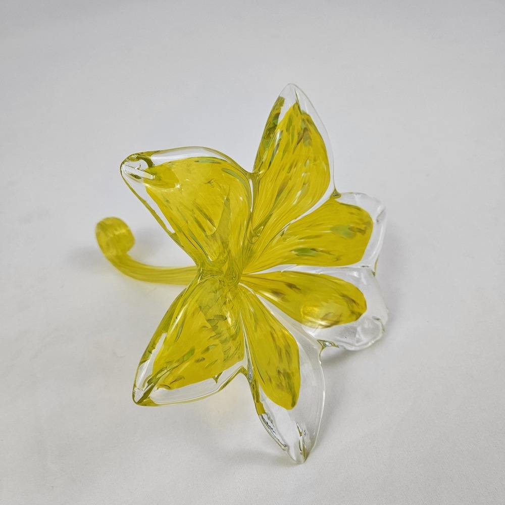 Vtg Stretch Flower Stem Vase Figure Yellow Lily Hand Blown Glass Murano Style